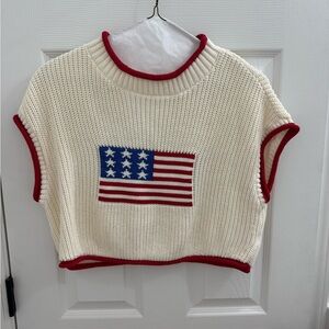 TALULAH Cream Knit Crop Top with Red Trim and Flag Patch